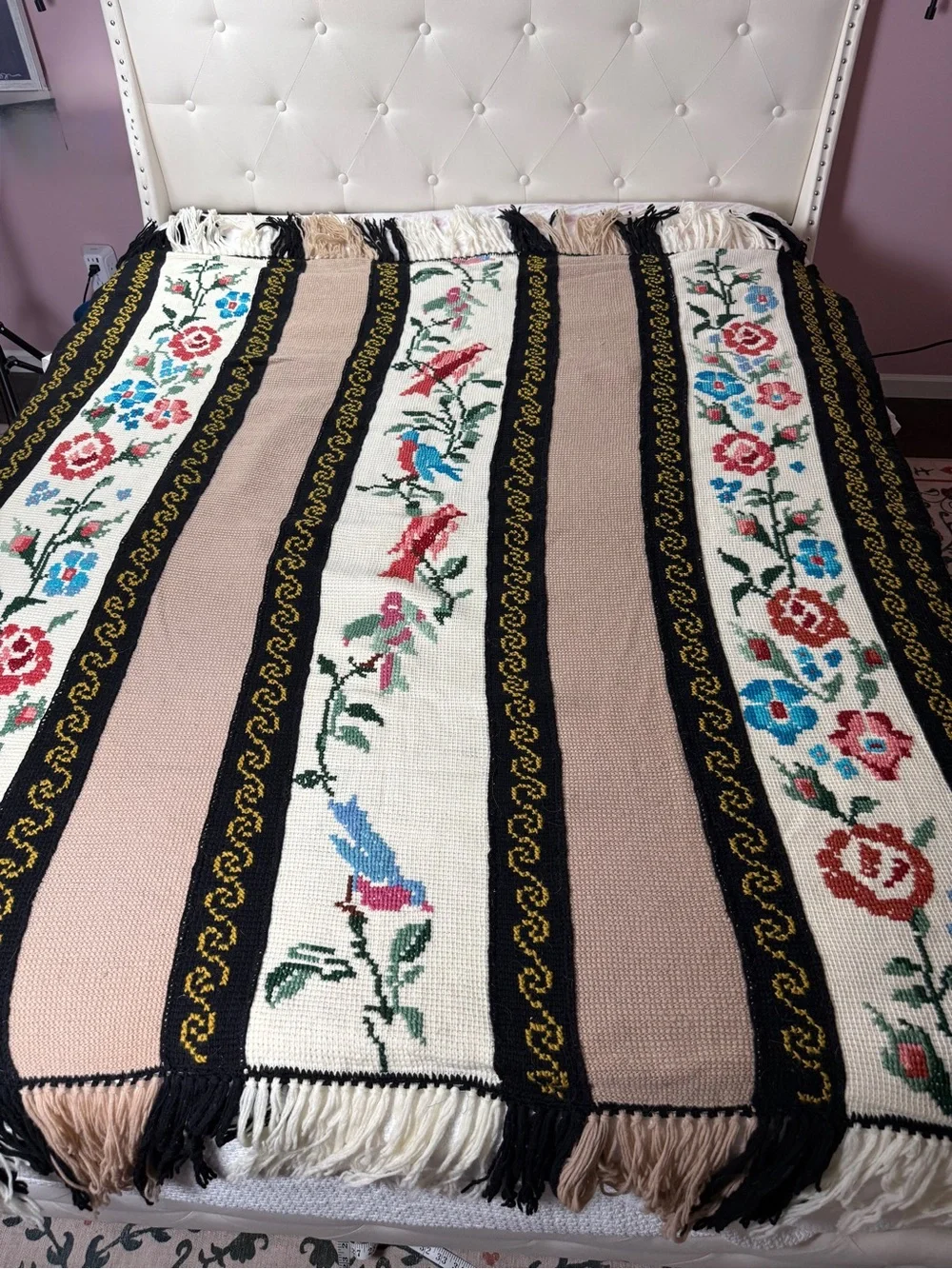 Vtg Hand Embroidered Cross Stitch Bedspread Blanket Floral Bird Cottagecore